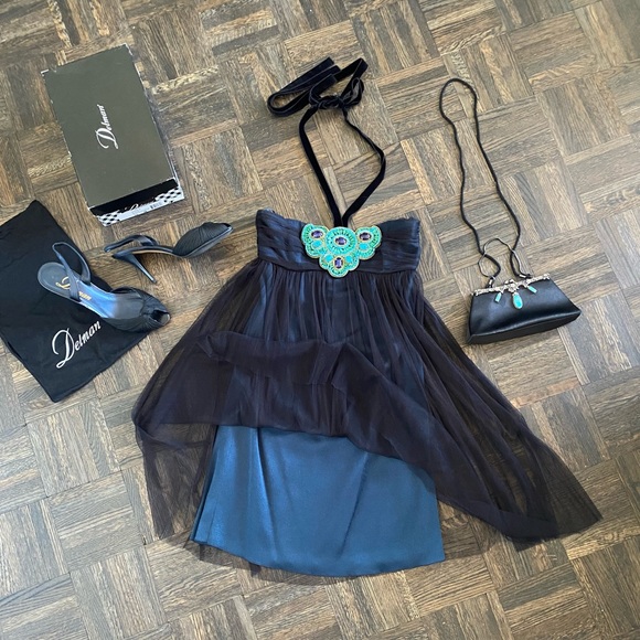 Andrew GN | Cocktail Empire Cut/Strapless Dress; Turquoise & Lapis Stones; Small - Picture 9 of 16